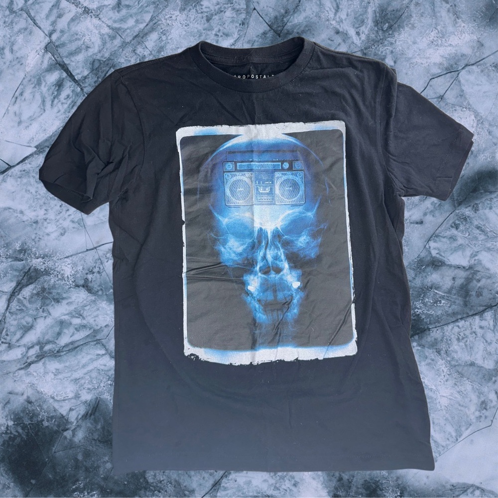 Aeropostale T Shirt Men's XS Black Blue Short Sleeve Crewneck Skull Boombox